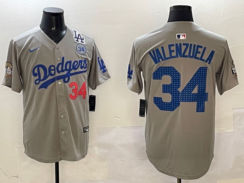 Men Los Angeles Dodgers #34 Valenzuela Grey Blue Fashion Game 2025 Nike MLB Jersey style 3261